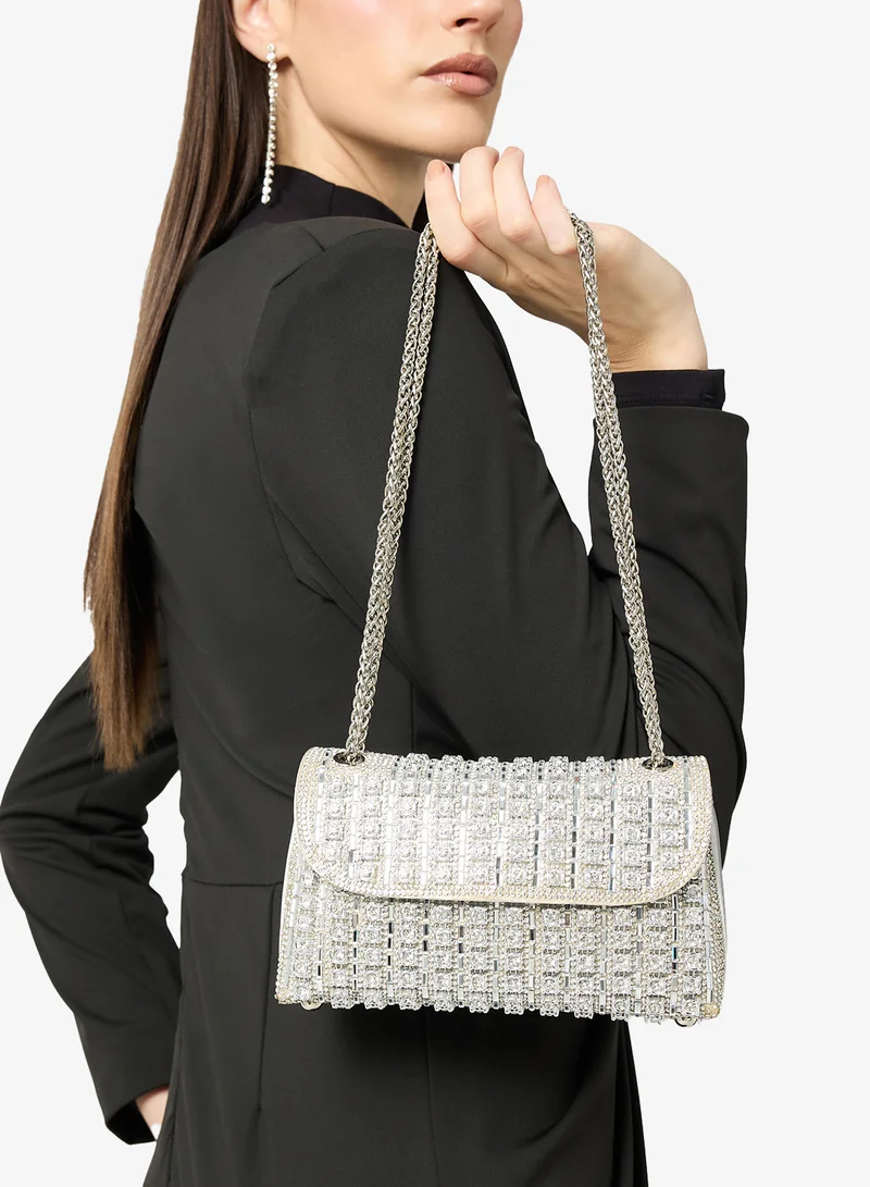 Khizana Silver Diamonte Embellished Bag With Chain